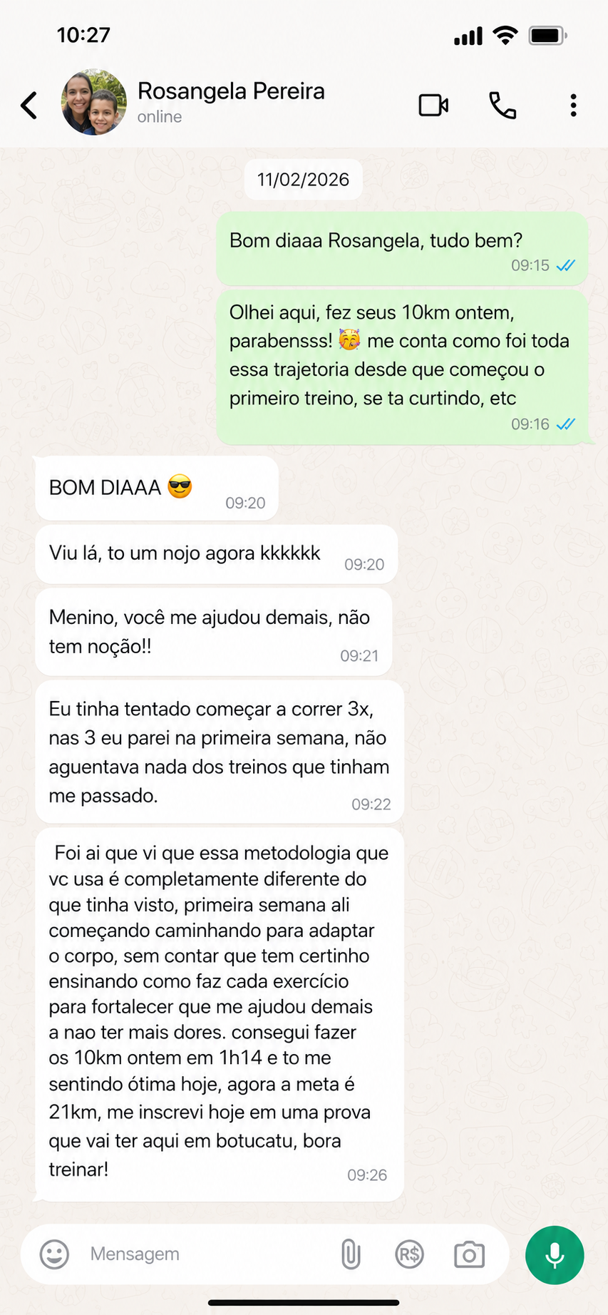 Conversa com Rosangela Pereira contando como completou 10km e se inscreveu para 21km