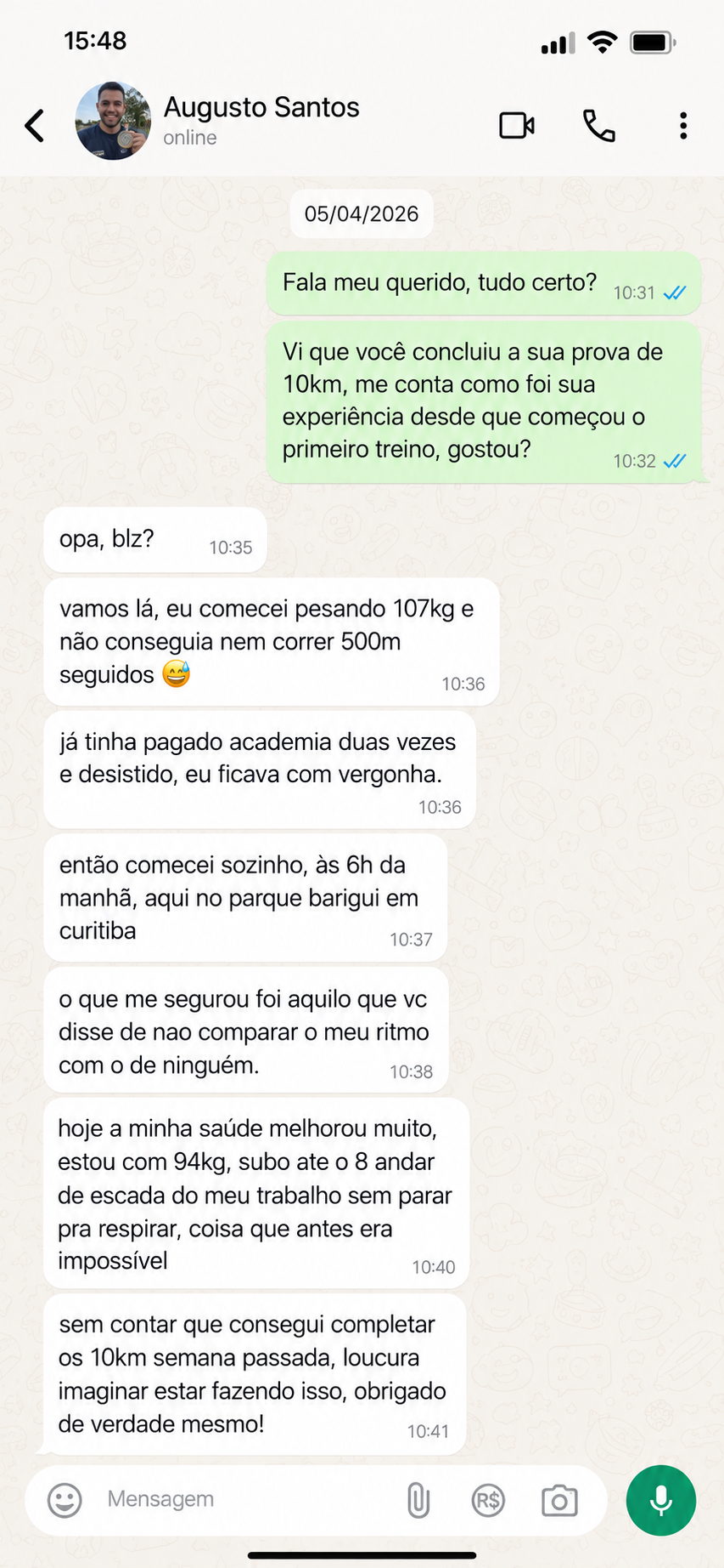 Conversa com Augusto Santos contando sua evolução de 107kg para 94kg e 10km completos